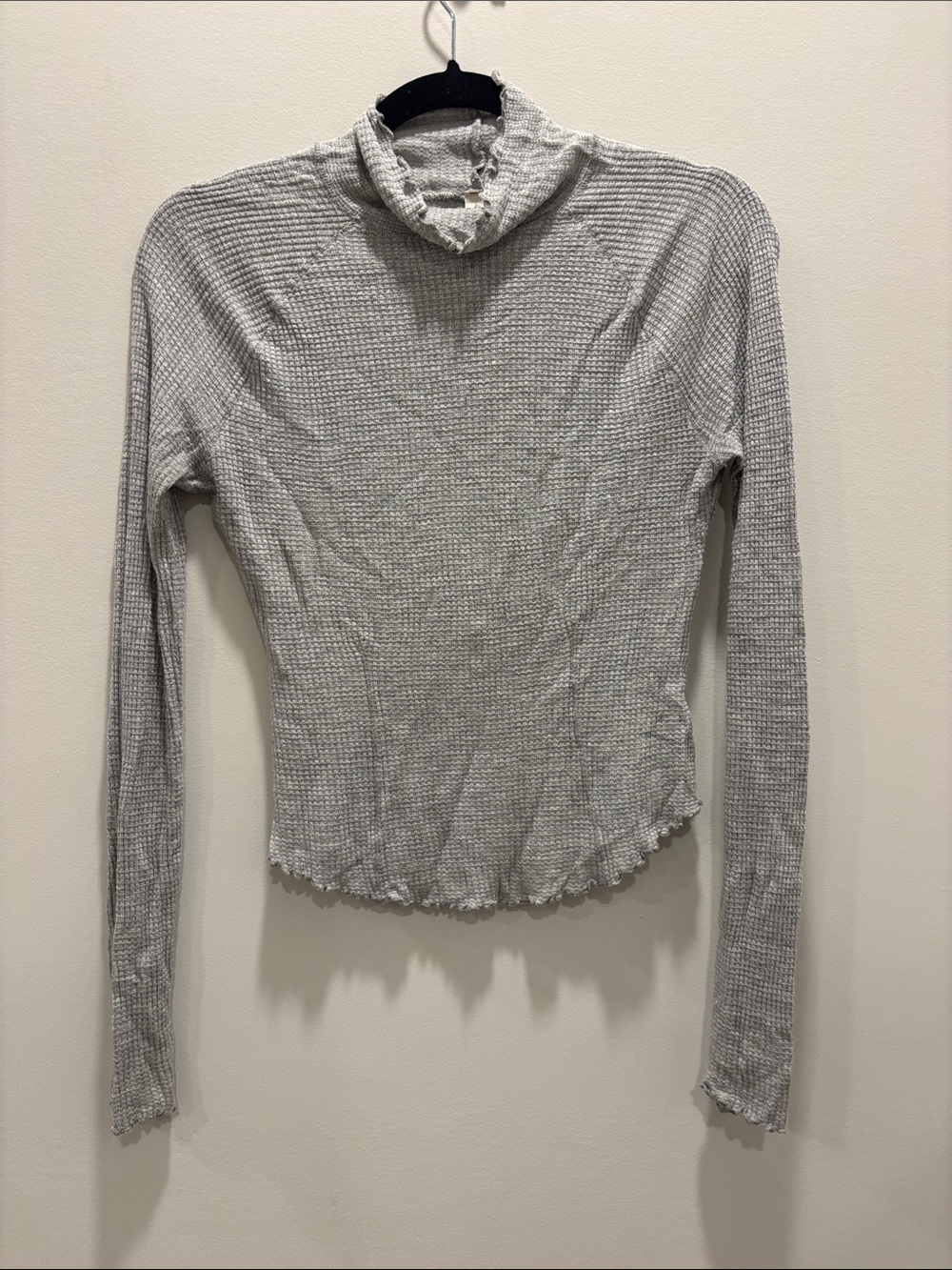 Free People We The Free Gray Waffle Knit Mock Neck Lettuce Hem Top XS